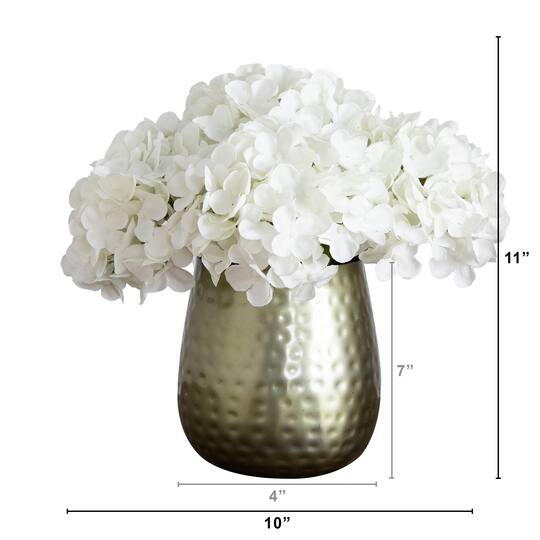 11" White Hydrangea Arrangement in Gold Metal Vase